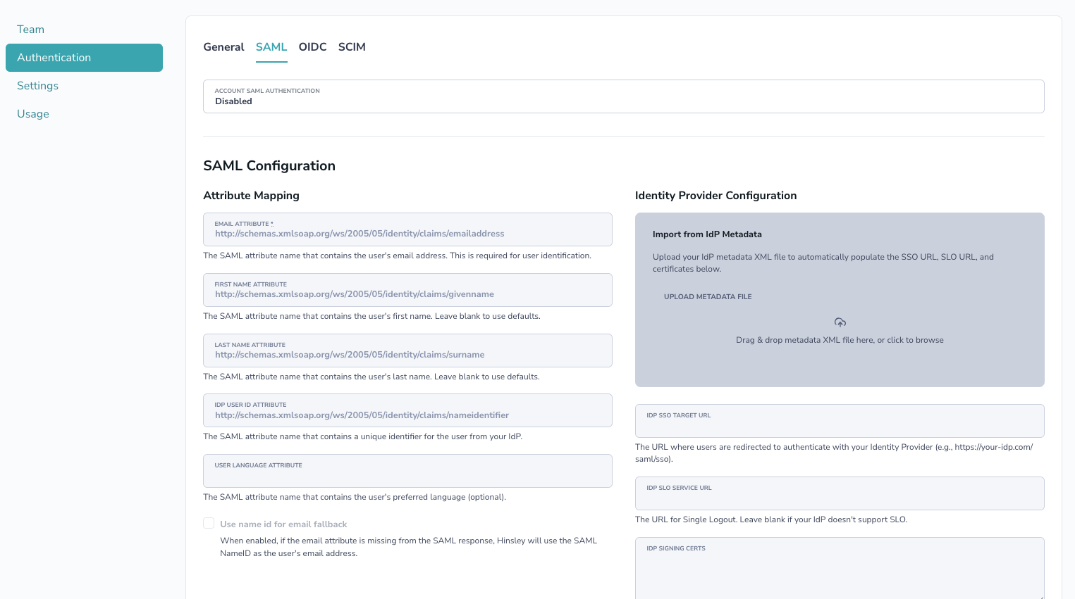 SAML configuration page in Hinsley showing the authentication settings