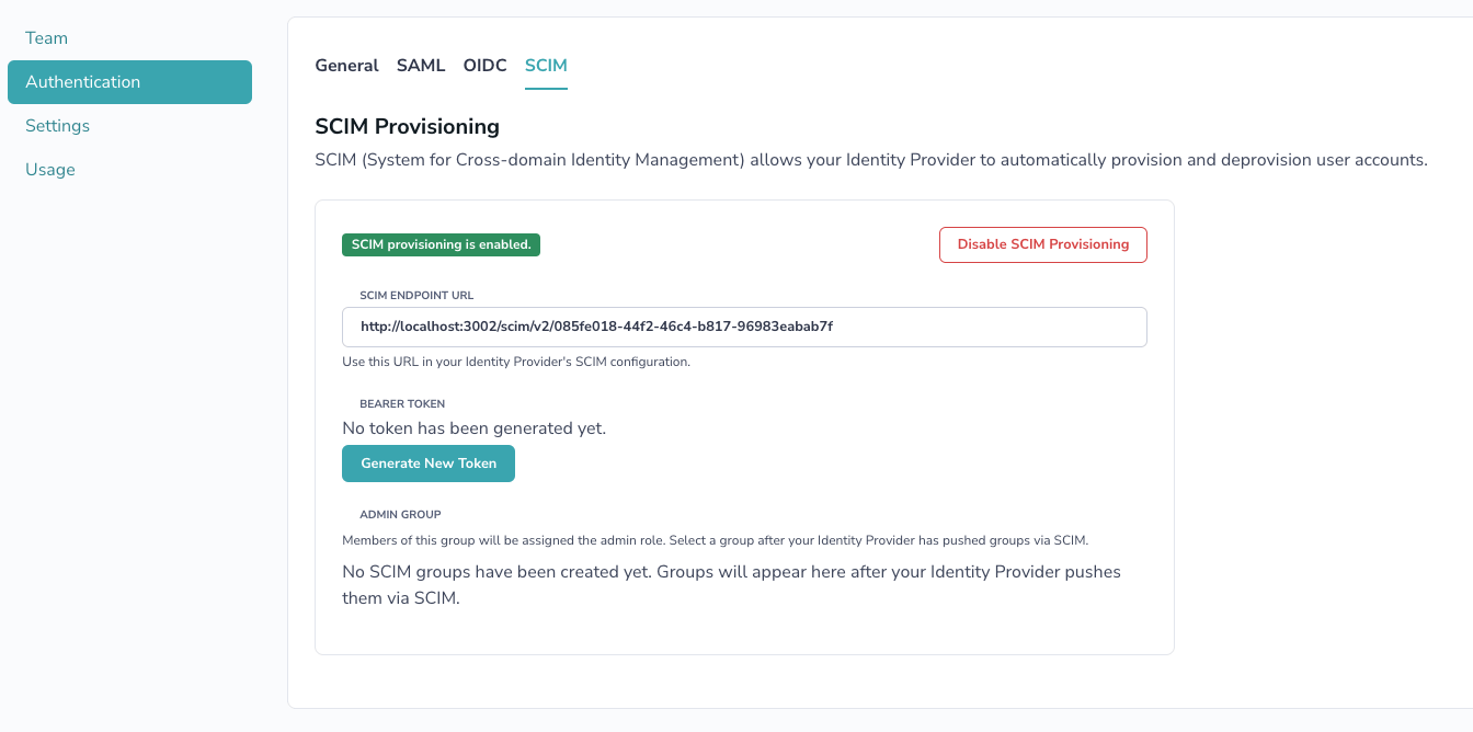 SCIM provisioning page showing the enabled state