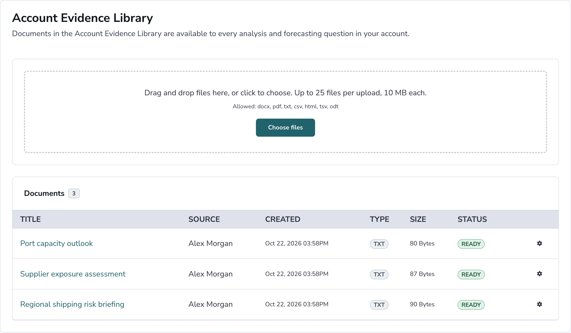 Account Evidence Library with a file-upload area and three sample documents marked ready.