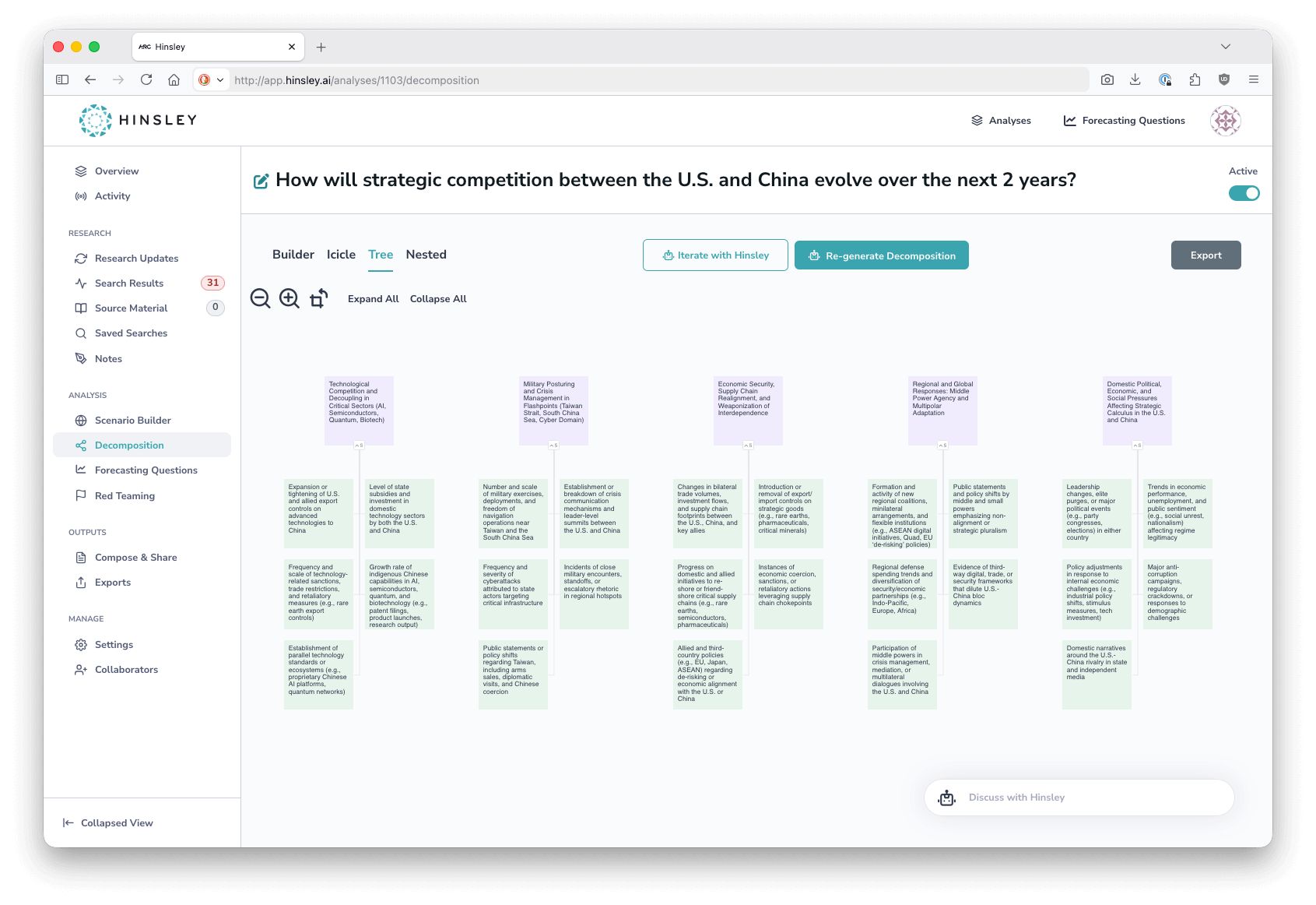 Hinsley product screenshot showing a structured analysis workspace