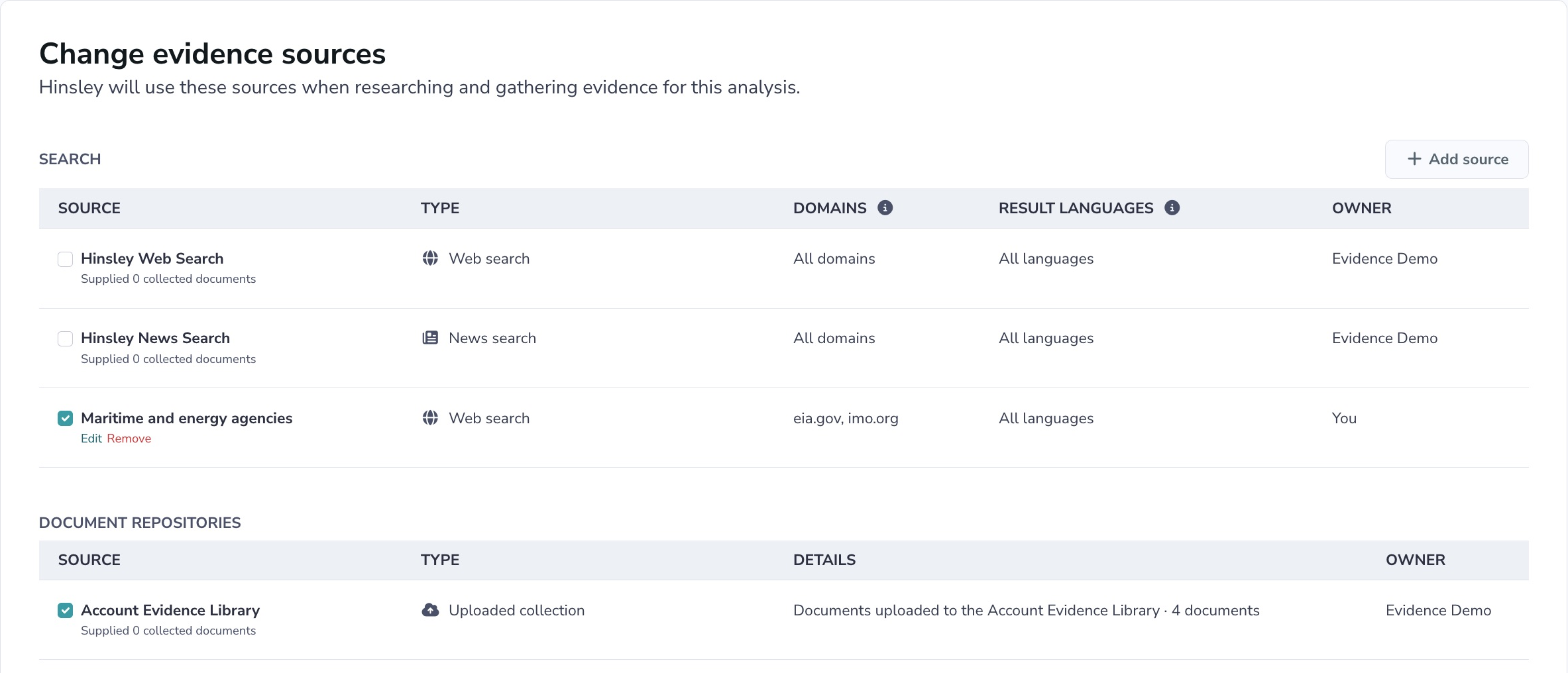 Evidence-source controls with a search restricted to eia.gov and imo.org and the Account Evidence Library selected; unrestricted web and news searches are deselected.