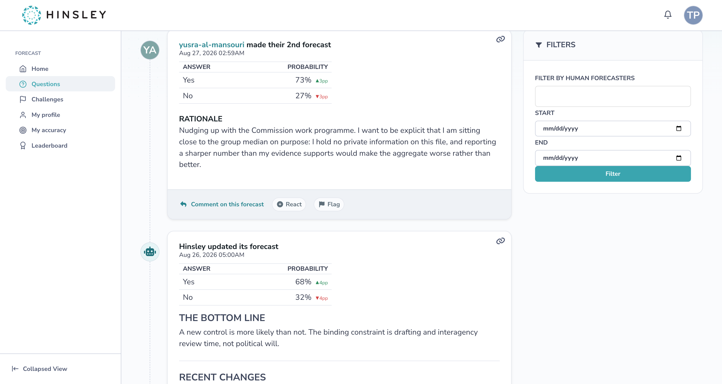 One question's activity feed, showing a human forecaster's probability and rationale above Hinsley's own forecast and bottom line