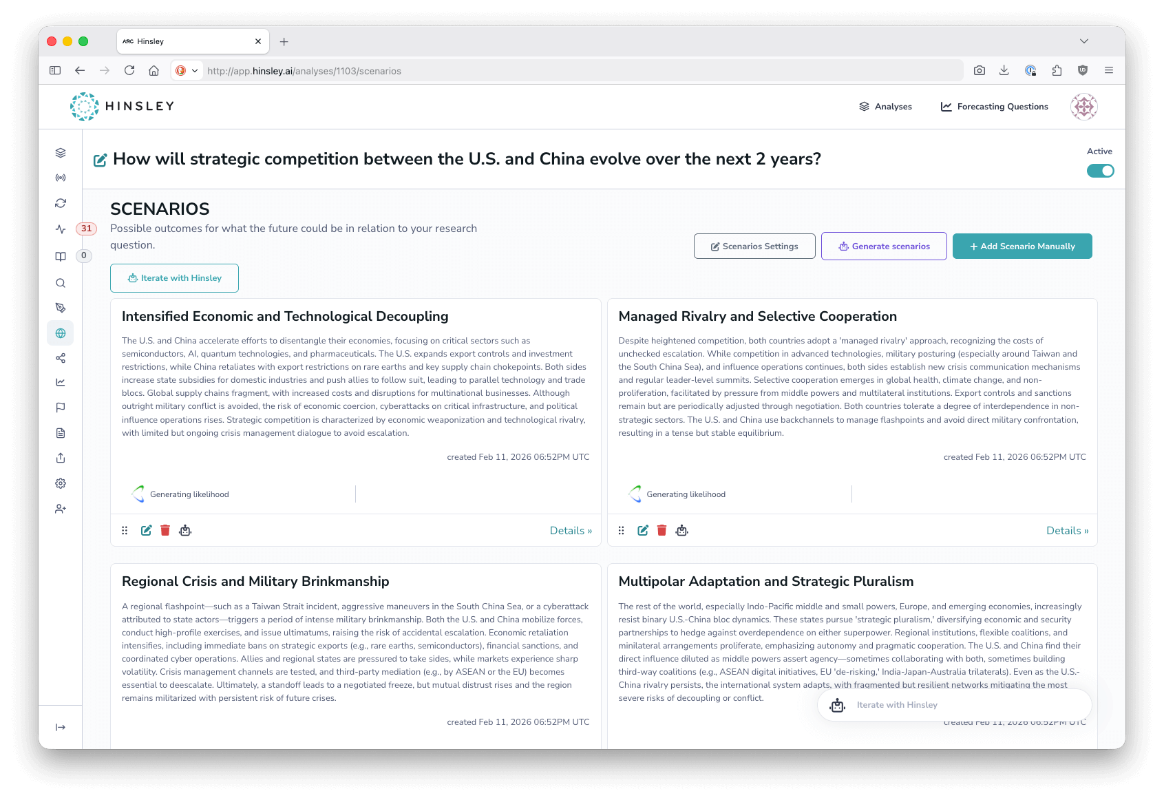 Scenario development interface screenshot